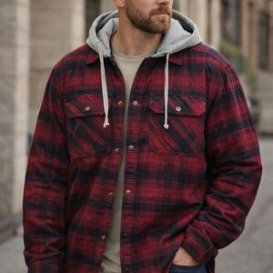 CQR Men's Hooded Quilted Lined Flannel Shirt Jacket size XL